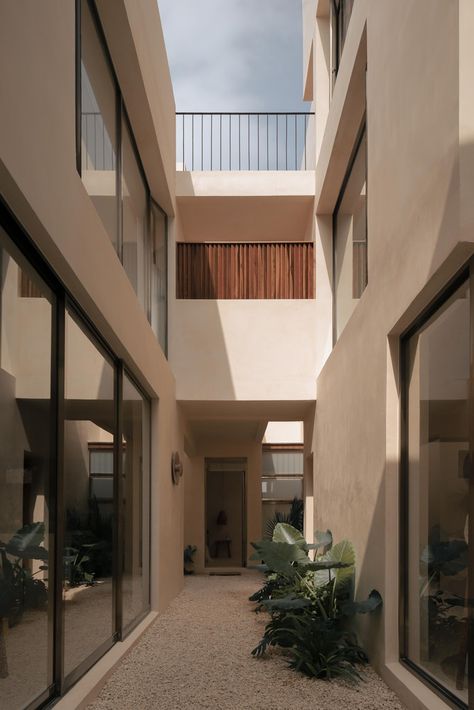 Mexican Landscape, Corridor Design, Small Water Features, Stone And Wood, Earthy Colours, Internal Courtyard, Small Pools, Space Images, Residential Complex