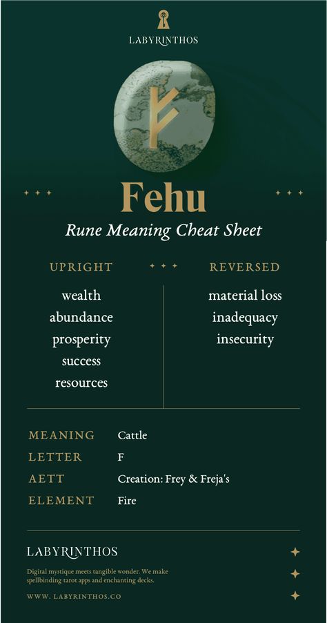 Fehu Rune Meaning: Wealth – Labyrinthos Norse Runes Meanings, Fehu Rune, Norse Alphabet, Ace Of Wands, Runes Meaning, Rune Stones, Online Tarot, Tarot Meanings, Norse Runes