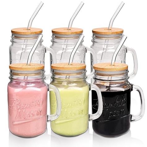 Glass Mason Jar Cups, Mason Jar Drinking Glasses, Cups With Lids And Straws, Mason Jars With Handles, Mason Jar Cups, Apartment Goals, Cups With Lids, Bachelorette Ideas, Smoothie Cup