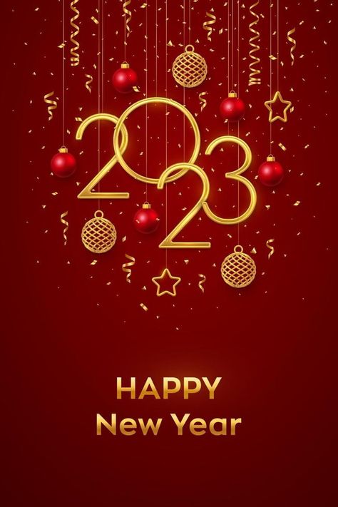 Happy New 2023 Year. Hanging Golden metallic numbers 2023 with shining 3D metallic stars, balls and confetti on red background. New Year greeting card, banner template. Realistic Vector illustration. Images For Dp, New Year Wallpapers, Quotes New Year, New Year Typography, New Year Wishes Images, 2024 Quotes, Happy New Year Pictures, Happy New Year Wallpaper, New Year Pictures