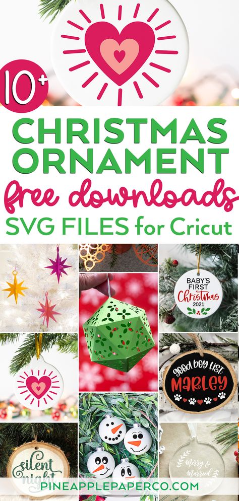 10+ Free Christmas Ornament SVG Files including a FREE Grinch Ornaments SVG Bundle from Pineapple Paper Co. #totallyfreesvg #freesvgs #christmasornament #diyornament #cricut #grinch Cricut Grinch Ornaments, Diy Grinch Ornaments Easy, Free Svg Files For Cricut Christmas Ornaments, Free Grinch Svg Files For Cricut, Hand Lettered Christmas, Cricut Christmas Ideas, Whimsical Christmas Trees, Grinch Ornaments, Cricut Svg Files