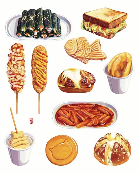 Drawing Food Ideas, Korean Street Food Illustration, Illustration Art Korean Aesthetic, Instagram Korean, Blood Sausage, Food Doodles, 귀여운 음식 그림, Food Artwork, Food Sketch