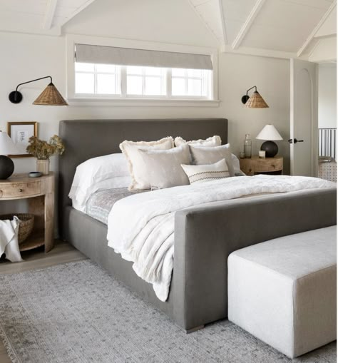 Dark Grey Bed Frame Bedroom Ideas, Grey Bedframe Room Ideas, Furnish Apartment, Windows Behind Bed, Gray Bed Frame Bedroom Ideas, Window Over Bed, Grey Bed Frame Bedroom Ideas, Gray Upholstered Bed, Grey Headboard Bedroom