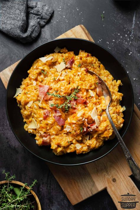 Sweet Potato Risotto - Sunday Supper Movement Potato Risotto, Sweet Potato Risotto, Bacon Risotto, Sweet Potato Bacon, Sweet Potato Pasta, Sweet Potato Rice, Easy Risotto, Risotto Recipes Easy, How To Make Risotto