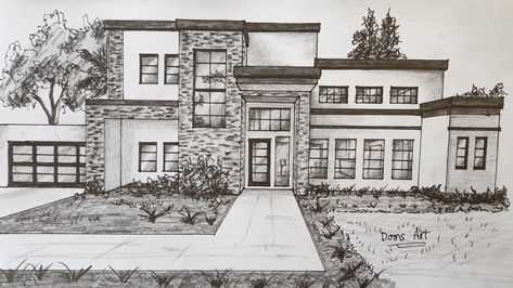 Modern House Drawing Sketches, Prespective Sketches, Modern House Drawing, Dream House Drawing, View Sketch, House Drawings, House Design Drawing, 1 Point Perspective, Civil Engineering Design