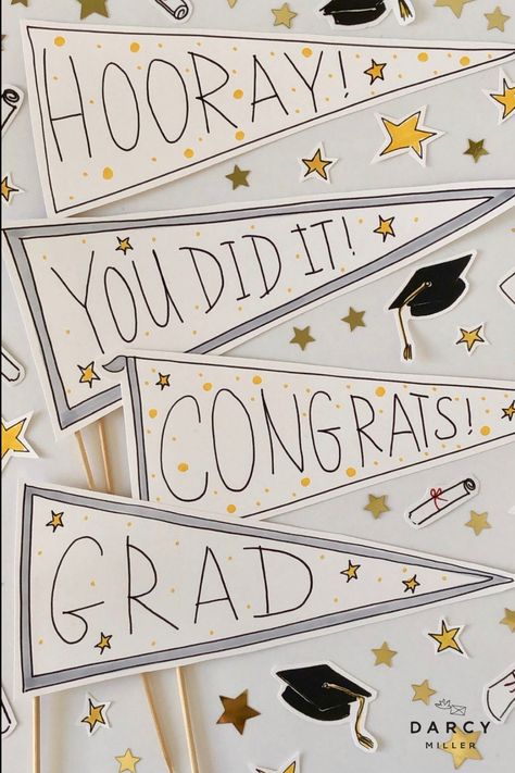 Printable Pennants | Darcy Miller Designs #graduation #commencement #fun #easy #DIY #party #celebration #highschool #college #university #graduation #forgrads #school #class Graduation Party University, Pennant Template, Diy Graduation Decorations, Diy Graduation Decorations Party, Graduation Party Pictures, Graduation Boards, Graduation Party Backdrops, Printable Props, Graduation Dinner