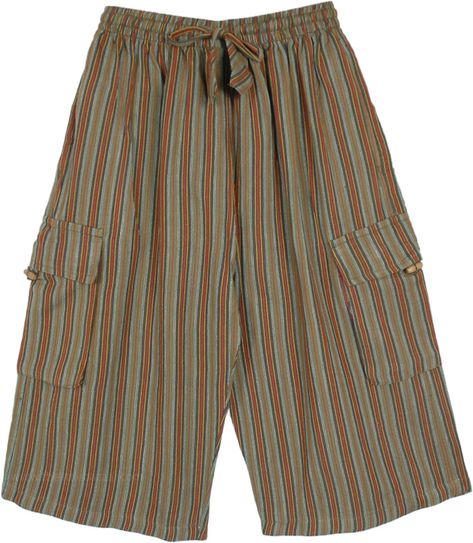 A woven cotton Capri length striped unisex pants with two deep cargo-style utility pockets on both sides.  The waistband has elastic and drawstring for flexibility across sizes and features easy pull-on styling. #tlb #SplitSkirtsPants #Pocket #vacationclothing #Striped #BohemianCapri #CottonCapri #BermudaShorts Bermuda Cargo, Unisex Pants, Trendy Skirts, Retro Shorts, Lightweight Pants, Utility Pockets, Cargo Style, Swaggy Outfits, Hippie Outfits