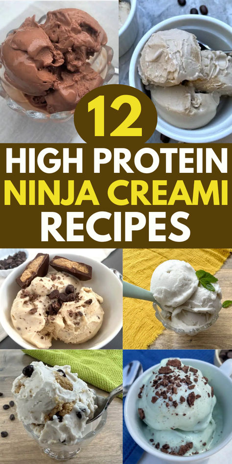 Pictures of 6 high protein ice creams including chocolate, cottage cheese, peanut butter and vanilla. Creami Ninja High Protein Recipe, Ninja Creamy Vegan Protein Ice Cream, High Protein Low Calorie Ninja Creami, Dairy Free Ninja Creami Recipe Protein, Low Calorie High Protein Ice Cream, Ninja Ice Cream Recipes Healthy Protein, Ghost Protein Ninja Creami, Fairlife Protein Shake Ninja Creami Recipes, Low Carb Creami Ninja Recipe