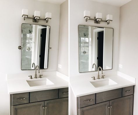 Bathroom Mirrors Modern Farmhouse, Best Bathroom Vanity Mirrors, Bathroom Vanity In Corner, Mirror Size Guide For Vanity, Colorado Bathroom, Bathroom Vanity Mirror Ideas, Bathroom Vanity Redo, Vanity Redo, Small Bathroom Mirrors