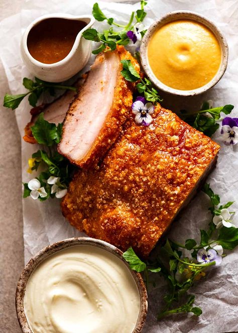 Overhead photo of Slow Roasted Crispy Pork Belly Crispy Pork Belly Plating, Confit Pork Belly, Slow Cooked Pork Belly, Pork Floss Recipe, Pork Belly Photography, Pork Belly Plating, Pork Belly Dipping Sauce, Fine Dining Recipes Main Courses, Pork Belly Appetizer