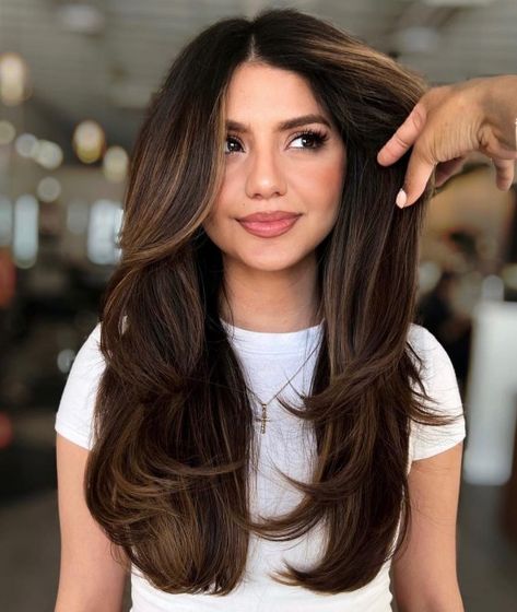 Straight Brunette Hair with Layers and Caramel Highlights Step Cut For Long Hair, Balayage With Layers, Layer Cut For Long Hair, Caramel Highlights On Dark Hair, Medium Balayage Hair, Straight Brunette Hair, Ash Balayage, Balayage Straight Hair, Balayage Ideas