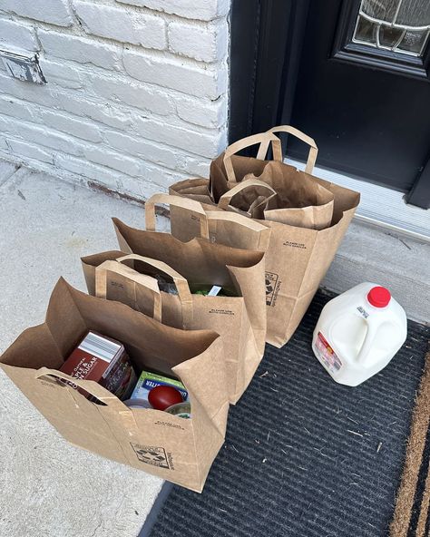 Paper grocery bags full of groceries and a plastic carton of milk on a front doorstep Paper Bag Grocery, Tarah Dewitt, Vintage Suburban, Consumer Profile, Carton Of Milk, Front Doorstep, Store Photoshoot, Devney Perry, Grocery Store Shopping