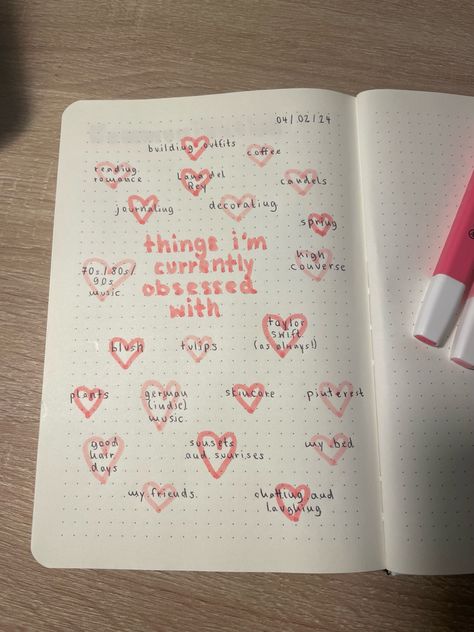 love, journal, journaling, obsessions, hearts, things i love, things i’m obsessed with Things I Love Scrapbook, Things I Love Journal Ideas, My Current Obsessions Journal, Things I Love About You Scrapbook, Thing I Love Journal, Things To Write In Notebook, Journaling Things I Love, Things I Love About Myself Journal, Things I Adore Journal Page