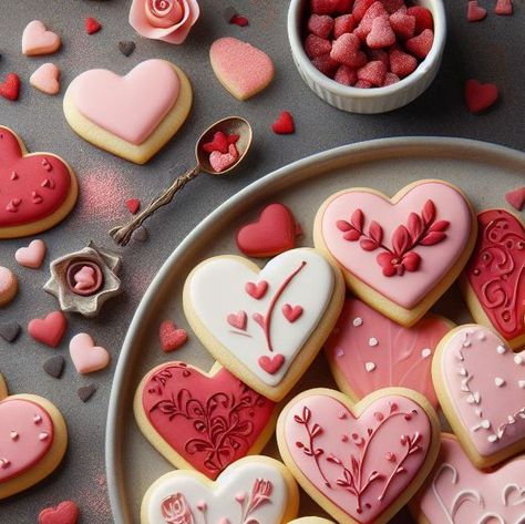 iva | ai desserts artist on Instagram: "Spread love on Valentine's Day with heart-shaped sugar cookies! ❤️🍪 Start by whipping up a classic sugar cookie dough, roll it out, and cut out adorable heart shapes. Bake until golden, then get creative with decorating – use pink and red icing, sprinkles, or edible glitter for a festive touch. Share these sweet treats with your loved ones and make this Valentine's Day extra special! 💕🎁 . . . . . . . . . #aifoodcreations #aifood #valentineday #stvalentinesday #valentines#valentineday2024 #myvalentine #vday #valentinecookies" Valentine Baby Shower Cookies, Icing Sprinkles, Red Icing, Heart Shaped Sugar Cookies, Valentines Day Sugar Cookies, Valentine Sugar Cookies, Valentines Baby Shower, Cookies Ideas, Sugar Cookie Designs