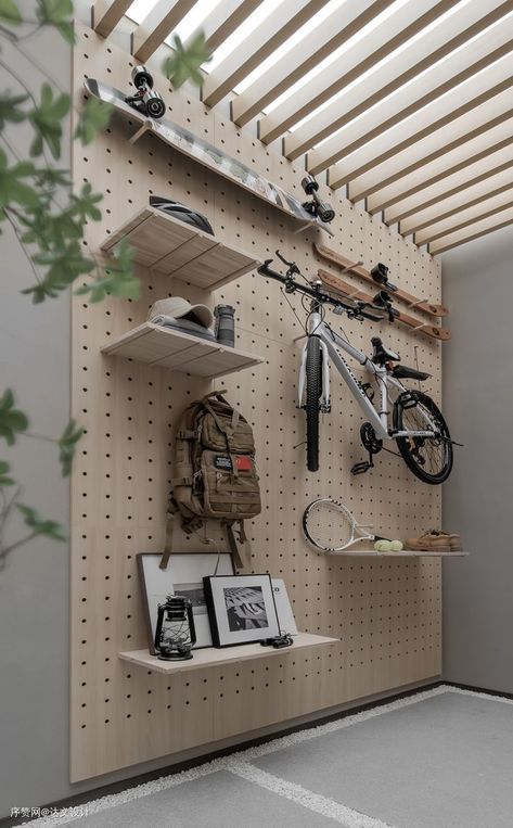 Wooden Pegboard, Gear Room, Pegboard Organization, Bike Room, Gym Room At Home, Gym Room, Gym Decor, Minimalist Home Decor, Cubicle