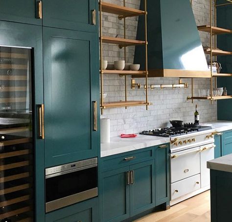 You'll Love These 7 Sophisticated Kitchens in Every Color of the RainbowStudio Dearborn | Interior Design Teal Kitchen Cabinets, Teal Cabinets, Bold Kitchen, Colorful Kitchen Decor, Latest Kitchen Designs, Teal Kitchen, Classic White Kitchen, Kitchen Cabinet Colors, White Kitchen Cabinets