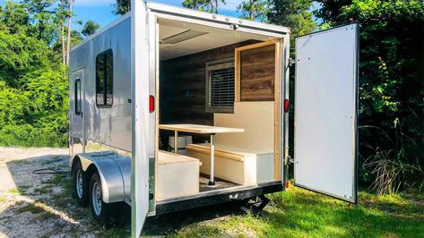 How To Turn A Cargo Trailer Into A Camper In Easy Steps Small Enclosed Trailer, Small Cargo Trailers, Converted Cargo Trailer, Cassette Toilet, Enclosed Trailer Camper, Cargo Trailer Camper Conversion, Rv Conversion, Enclosed Cargo Trailers, Work Trailer