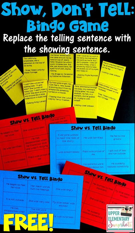 Show Don't Tell Writing Activities, Show Dont Tell Charts, Show Dont Tell Writing Lesson, Ela Games Middle School, Reading Games Middle School, Show Don't Tell Writing, Fun Classroom Games, Show Don't Tell, Fourth Grade Writing