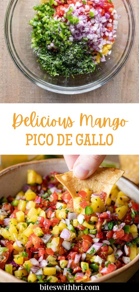 Delicious Mango Pico de Gallo is such a fun and unique pico de gallo recipe. This pico is ready in 10 minutes or less. The most time consuming part is prepping and chopping the vegetables. Serve it with chips, on tacos, salads, or bowls. This pico is perfect for summer time because it is light, fresh, cool, and requires no cooking. This dip is great to serve at a Super Bowl party as an appetizer. Pico is actually a type of salsa. Typically you think of salsa as blended. Types Of Salsa Recipes, Spicy Pico De Galo Recipes, Fun Salsa Recipe, Best Pico De Gallo Recipe Ever, Mango Pico De Galo Recipes, Pico De Galo Recipes, Bri Recipes, Pico Recipe, Mango Pico