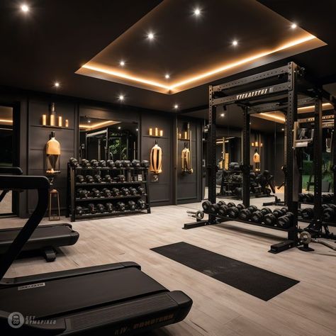 Ruang Gym, Commercial Gym Design, Luxury Home Gym, Pilates Cardio, Garage Gym Ideas, Home Gym Inspiration, Gym Lighting, Dream Home Gym, Home Gym Garage