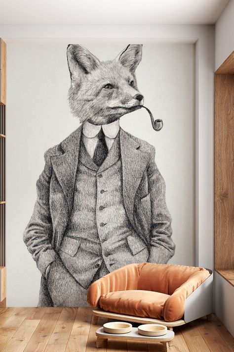 One of Happywalls vibrant wallpapers featuring a fox in the wild Fun Wallpaper Bathroom Powder Rooms, Woodland Wallpaper Living Rooms, Mens Office Wallpaper, Red Bathroom Wallpaper, Dramatic Dining Room Wallpaper, Brown Peel And Stick Wallpaper, Wallpaper For Toilet Room, Vintage Wallpaper Accent Wall, Home Decor Family Room