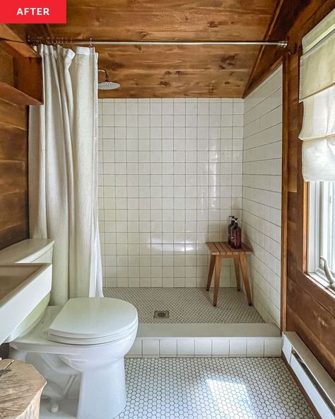 Chic Cabin, Cabin Vibes, All White Bathroom, Cabin Bathrooms, Cottage Bathroom, Wooden Bathroom, Tiny Bathrooms, White Shower, Shower Surround