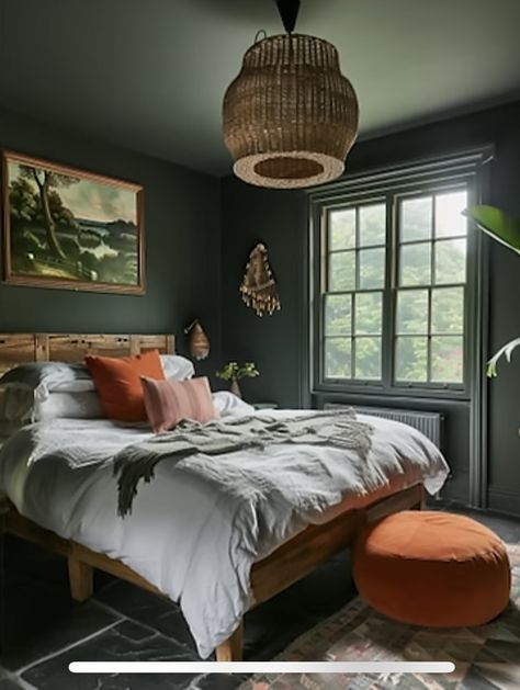 Dark Green Bedroom Inspirations, Forest Green Bed, Dark Green Bed, Tan Sofa Living Room, Dark Green Bedroom Ideas, Green Living Rooms, Dark Green Bedroom, Bamboo Bed Frame, Green Bedroom Walls