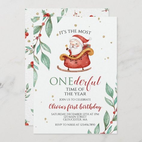 Christmas Santa Sleigh Onederful First Birthday Invitation - tap to personalize and get yours #Invitation #christmas, #santa, #onederful #first #birthday, Christmas Birthday Party 1st, First Birthday Invitation Card Template, Christmas Baby Birthday, Christmas Santa Sleigh, Winter Onederland Birthday Party, Birthday Invitation Card Template, Onederland Birthday Party, Winter Onederland Birthday, Birthday Invitation Card