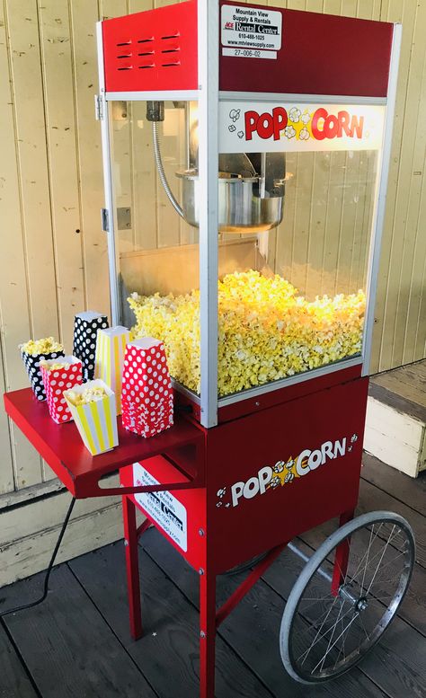 Popcorn Machine Party, Popcorn Machine Aesthetic, Party Rental Ideas, Popcorn Recipes Easy, Backyard Movie Theaters, Popcorn Stand, Popcorn Cart, Dolphin Party, Christmas Popcorn