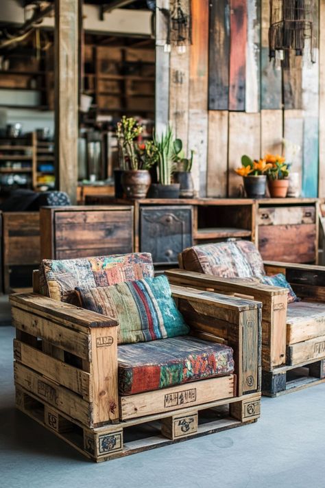 Two rustic wooden armchairs with colorful cushions in an industrial-style room. Furniture Made With Pallets, Pallet Diy Ideas, Rustic Lounge Ideas, Pallet Seating Outdoor, Pallet Board Projects, Unique Furniture Diy, Diy Pallet Patio Furniture, Furniture Pallet Ideas, Diy Pallet Chair