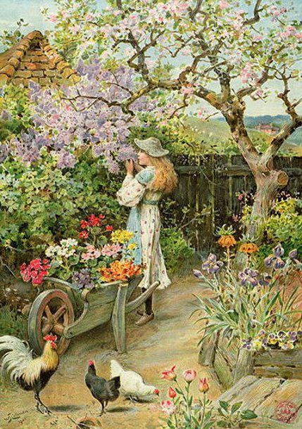 Spring Blossoms-William Stephen Coleman (1829 – 1904, English) French Cottage Garden, Garden With Flowers, Grafika Vintage, Sun Photo, Album Foto, Spring Blossoms, English Cottage Garden, Cottage Art, Tableau Art