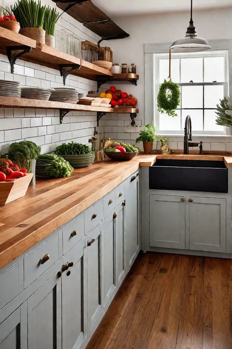 Farmhouse kitchen with butcher block countertop and open shelving Kitchen Flooring Ideas With Butcher Block Countertops, Butcher Block Countertops With Wood Floors, Kitchen Ideas Wood Countertops, Butcher Block Kitchen Ideas, Wood Counter Kitchen, Farmhouse Kitchen With Butcher Block, Kitchen Wood Countertop, Kitchen Butcher Block Countertops, Kitchen With Wood Countertops