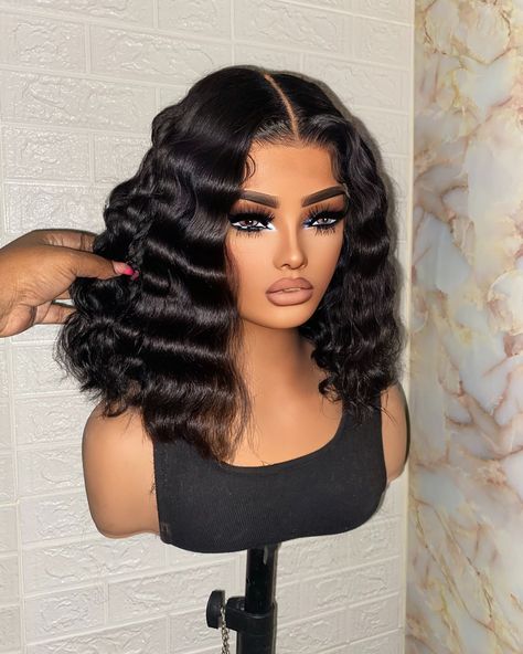 PARIS Bob JET BLACK ✨ 5x5 HD lace GLUE-LESS unit Crimps Available for purchase Hair: Raw Indian exotic deep wavy 🤎 TEXT TO ORDER: 484-475-6470 or click the link in bio for EXPRESS SHIPPING -Hair: raw Indian luxe wave with 5x5 HD closure -Size: 21”-23” circumference -Elastic Adjustable Band for glue-less wear ALL Custom signature units include: ✅Custom machine made ✅Tailored to fit clients head measurements ✅Premium Bundles & HD lace included ✅Glue-less/easy install Skip the salon... Crimp Lace Front Wig, Bob With Crimps, Crimp Bob, Paris Bob, Crimp Hairstyles, Beautiful Natural Curly Hair, Mannequin Hair, Deep Wavy Hair, Lace Glue