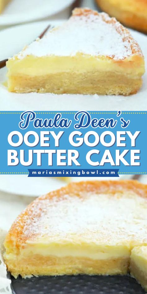 Paula Deen's ooey gooey butter cake recipe! It's an easy dessert idea. Moist and fluffy with a rich and buttery cream cheese topping, this pound cake will become one of your favorite things to bake. Such a yummy cake flavor! Brunch Coffee Cake, Best Butter Cake Recipe, Ooey Gooey Butter Cake, Easy Cakes To Make, Gooey Cake, Paula Deen Recipes, Gooey Butter Cake, Butter Cake Recipe, Chocolate Banana Bread