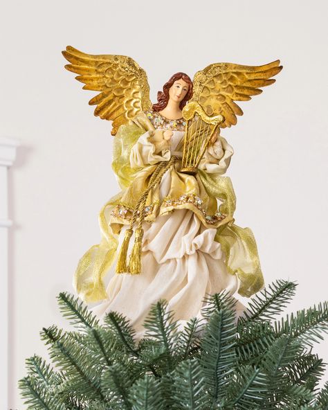 Add a touch of grace to your holiday décor. This stunning angel accent brings sophisticated shimmer to your Christmas tree, mantel, or tabletop. | 10" Gilded White Angel Tree Topper Balsam Hill Trees, Balsam Hill Christmas Tree, Angel Dolls, Victorian Angels, Slim Tree, Angel Christmas Tree, Angel Christmas Tree Topper, Prelit Tree, Balsam Hill