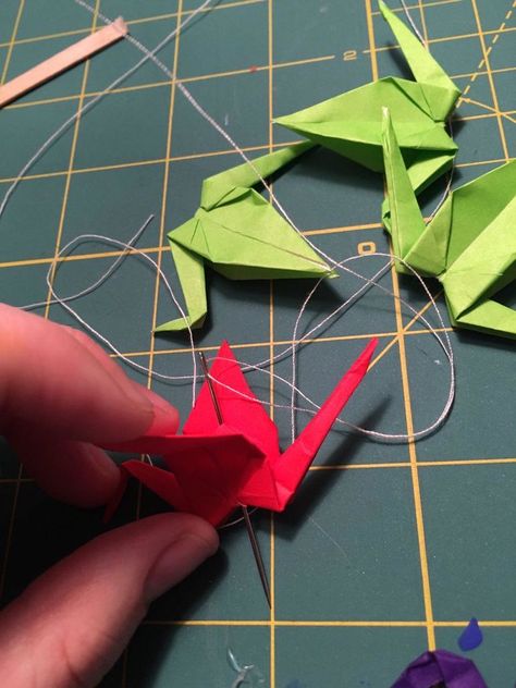 Origami Crane Mobile: 5 Steps (with Pictures) Origami Crane Display, Origami Crane Mobile Diy, Origami Mobile Diy Tutorials, Paper Crane Garland, Hanging Paper Cranes, Origami Crane Mobile, Paper Crane Mobile, Hanging Origami, Crane Mobile