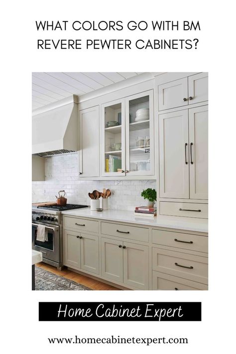 Rubbed Bronze Kitchen Hardware, Revere Pewter Cabinets, Pewter Cabinets, Kitchen Hardware White Cabinets, Cabinet Hardware Colors, Grey Kitchen Inspiration, Bronze Kitchen Hardware, Greige Kitchen Cabinets, Bm Revere Pewter