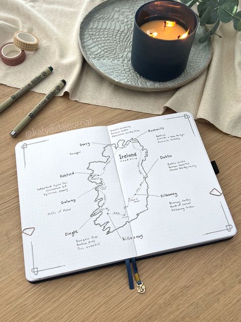 Two week Ireland road trip map in my travel journal Ireland Travel Journal Ideas, Mini Travel Journal Ideas, Ireland Travel Journal, Trip Journal Ideas, Ireland Road Trip Map, Road Trip Journal, My Travel Journal, Travel Journal Cover, Travel Journal Pages