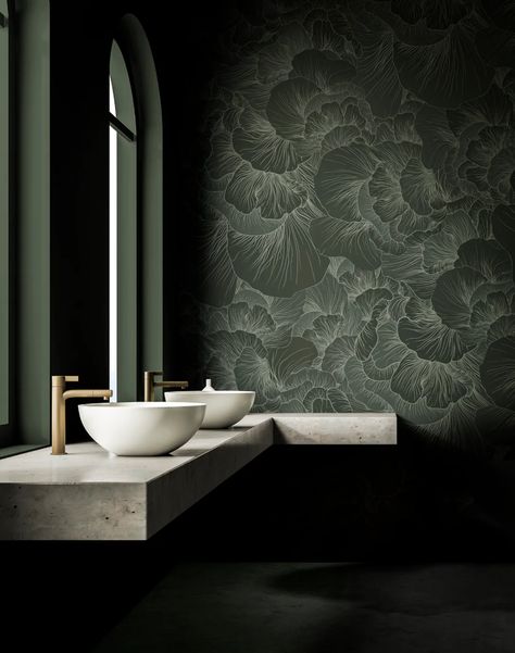 Dark Powder Room, Green Powder Room, Moody Powder Room, Wallpaper Powder Room, Dark Green Bathrooms, Moody Wallpaper, Powder Room Wallpaper, Dark Green Wallpaper, Wallpaper Interior