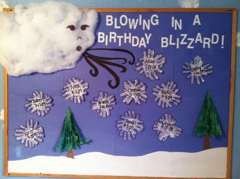 Handprint blizzard winter bulletin board. I used sewing batting for the cloud to make it 3D - winter Winter Boards, Infant Teacher, December Bulletin Boards, Kindergarten Bulletin Boards, Winter Bulletin Board, Birthday Board Classroom, Christmas Bulletin Boards, January Bulletin Boards, Birthday Boards