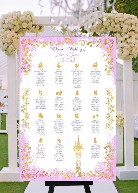 Rapunzel Guest Book, Tangled Seating Chart, Rapunzel Wedding Theme, Disney Wedding Decorations, Wedding Seating Table, Rapunzel Invitations, Aurora Birthday, Rapunzel Wedding, Tangled Wedding