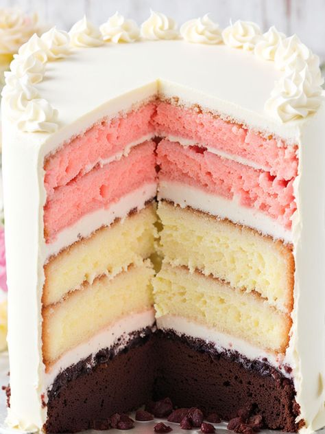 Neapolitan Cake Recipe

Ingredients

- 2 3/4 cups all-purpose flour
- 2 1/2 teaspoons baking powder
- 1/2 teaspoon salt
- 1 cup unsalted butter, softened
- 2 cups sugar
- 4 large eggs
- 1 teaspoon vanilla extract
- 1/3 cup milk
- 1/3 cup cocoa powder
- 1/3 cup strawberry puree
- Frosting (buttercream) for assembling

Instructions

- Preheat oven to 350°F (175°C) and grease three 9-inch round cake pans. 
- In a medium bowl, mix flour, baking powder, and salt; set aside. In another large bowl, cream the butter and sugar until light and fluffy. Add eggs one at a time, then stir in vanilla extract and milk. 
- Read more on... Neapolitan Cake Recipe, Neopolitan Cake, Neapolitan Cake, Frosting Buttercream, Dti Theme, Pies Recipes, Leftover Cake, Ice Cream Treats, Cheesecake Bites