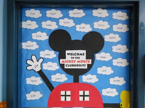 Mickey Bulletin Board Ideas, Mickey Mouse Daycare Theme, Mickey And Minnie Mouse Classroom Theme, Mickey Mouse Clubhouse Classroom Theme, Mickey Mouse Classroom Door, Mickey Mouse Bulletin Board Ideas, Mickey Mouse Classroom Theme, Disney Library, Disney Bulletin Boards