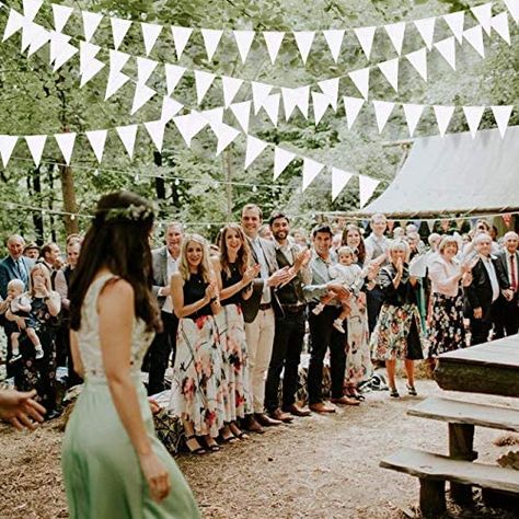 White Bunting Wedding, Wedding Pennant Banner, Courtyard Makeover, Wedding Pennant, Paper Pennant, Night Reception, Paper Flags, Wedding Flags, White Party Decorations