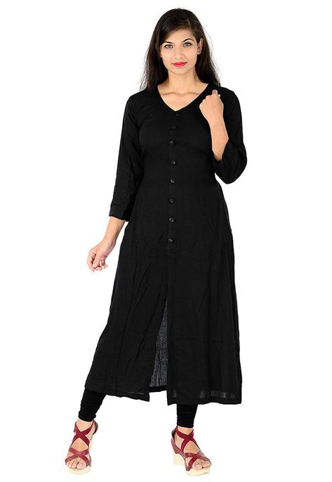 Rayon Front Open Kurta in Black This Readymade attire is Enhanced with Buttons and is Crafted in V Neck and Quarter Sleeve Its Length is 46 inches Do note: Bottom and Accessories shown in the image are for presentation purposes only and length may vary upto 2 inches.(Slight variation in actual color vs. image is possible). Black Kurti, Party Wear Kurtis, Lycra Leggings, Embroidered Kurti, Latest Kurti, Long Kurti, Kurti Designs Latest, Utsav Fashion, Designer Kurti