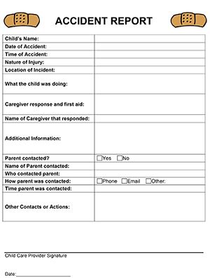 Accident Report Printable for Child Care Accident Report Preschool, Daycare Incident Report Form, Daycare Forms Printable Free, Inhome Daycare, Daycare Paperwork, Preschool Forms, Home Daycare Forms, Accident Report Form, Daycare Printables