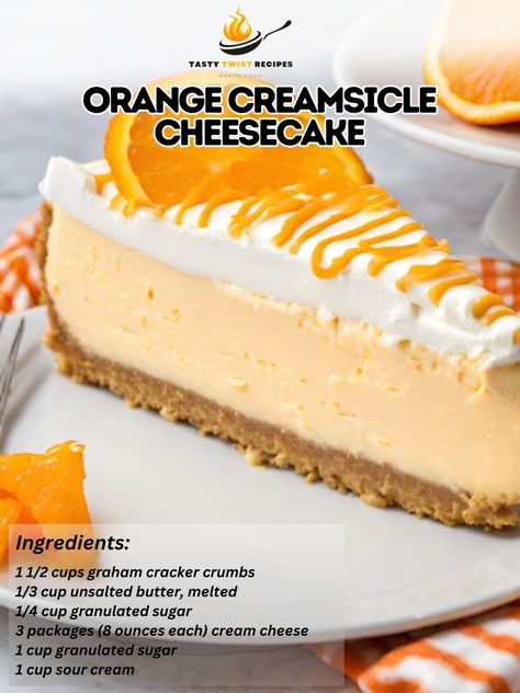 Orange Creamsicle Cheesecake is a delightful dessert that captures the essence of the classic orange creamsicle flavor in a rich and creamy cheesecake form. With its vibrant orange flavor and smooth, creamy texture, this cheesecake is perfect for summer gatherings or whenever you crave a sweet, citrusy treat. Here’s how to make it: Orange Creamsicle Cheesecake Recipe 🍊🍰 Indulge in the nostalgic flavors of orange and cream with this refreshing and creamy cheesecake, sure to become a favorite... White Chocolate Orange Cheesecake, Creamsicle Cheesecake Recipe, Orange Creamsicle Cheesecake Recipe, Orange Creamsicle Cheesecake, Orange Cheesecake Recipes, Creamsicle Cheesecake, Chocolate Orange Cheesecake, Orange Cheesecake, Orange Food