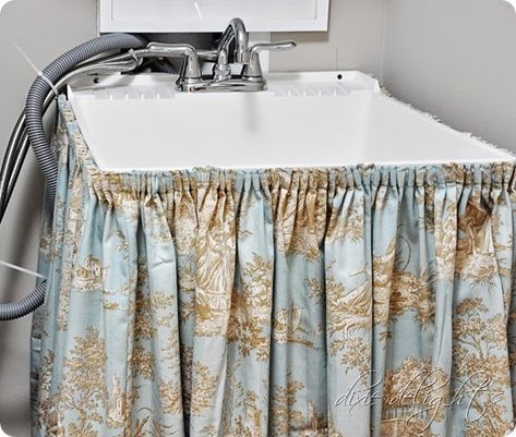 Utility Sink Skirt, Bathroom Sink Skirt, Utility Sink Makeover, Tub Skirt, Sink Makeover, Sink Skirt, Hidden Laundry, Laundry Ideas, Laundry Room Sink