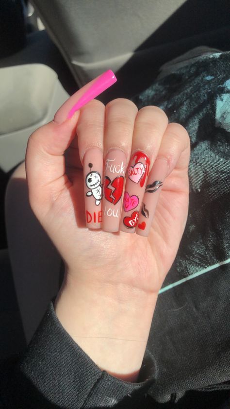 Long Acrylic Nails Coffin Valentines Day, Valentines Day Nails Graffiti, Short Red Valentines Nails Design, Valentine’s Day Nail Design Ideas, Valentines Day Nails Cupid, Scary Valentine Nails, Not So Valentine Nails, Anti Valentines Day Nails Nailart, Anti Valentines Nails Designs