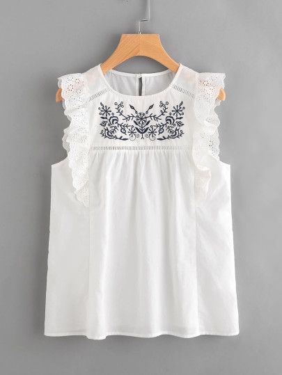 Embroidered Yoke Eyelet Frill Trim Shell Top Yoke Top, Frock Fashion, Diy Vetement, Fashion Tops Blouse, Shell Top, Embroidery On Clothes, Stylish Outfit, Frock Design, Embroidered Clothes